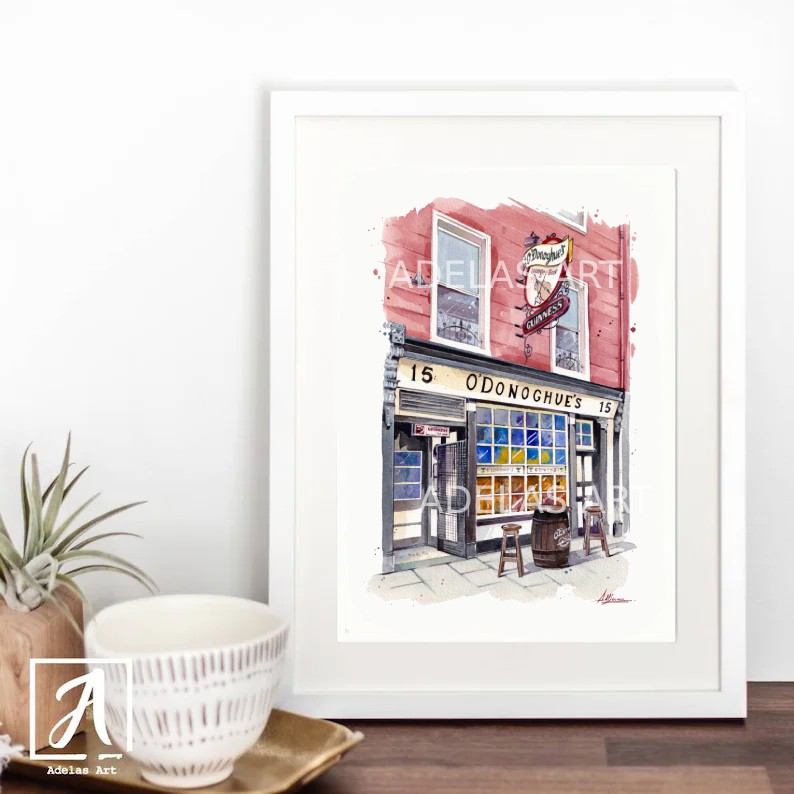 Limited edition O'Donoghue's art print showcasing vibrant, historic doors. 