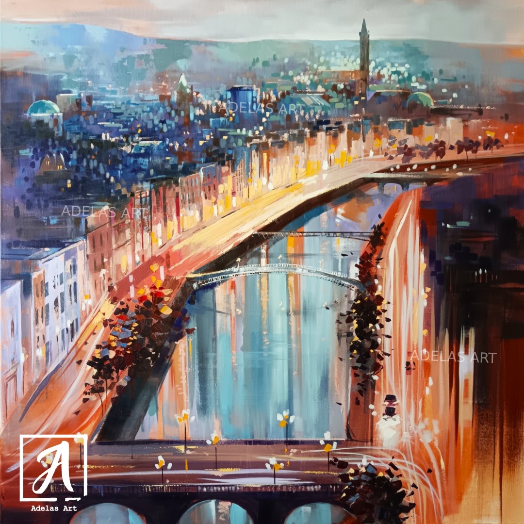 Large painting capturing the beauty of Dublin and the Liffey River at dawn
