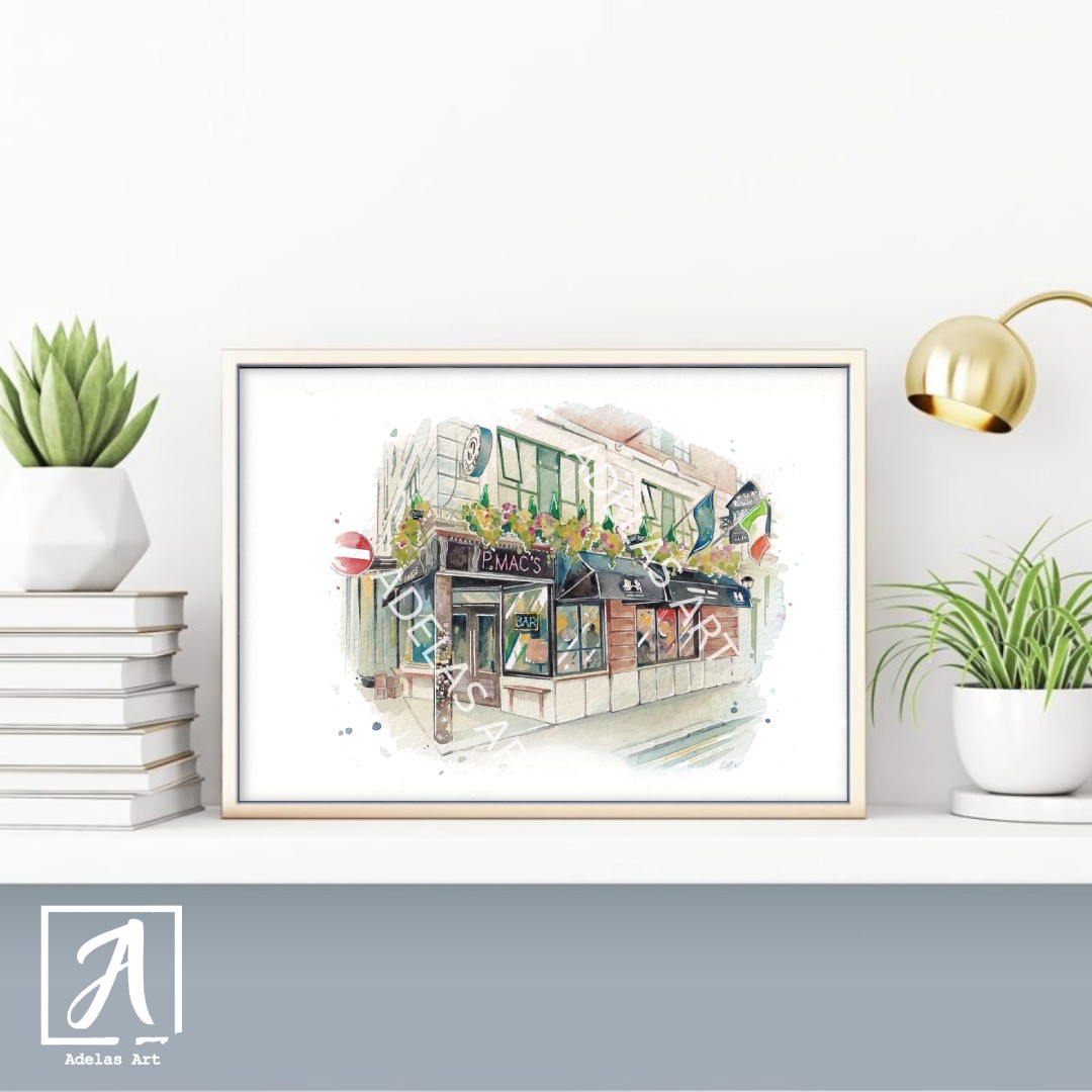 P.Mac's Pub Art Print, watercolour illustration by Adelas Art, Dublin Ireland