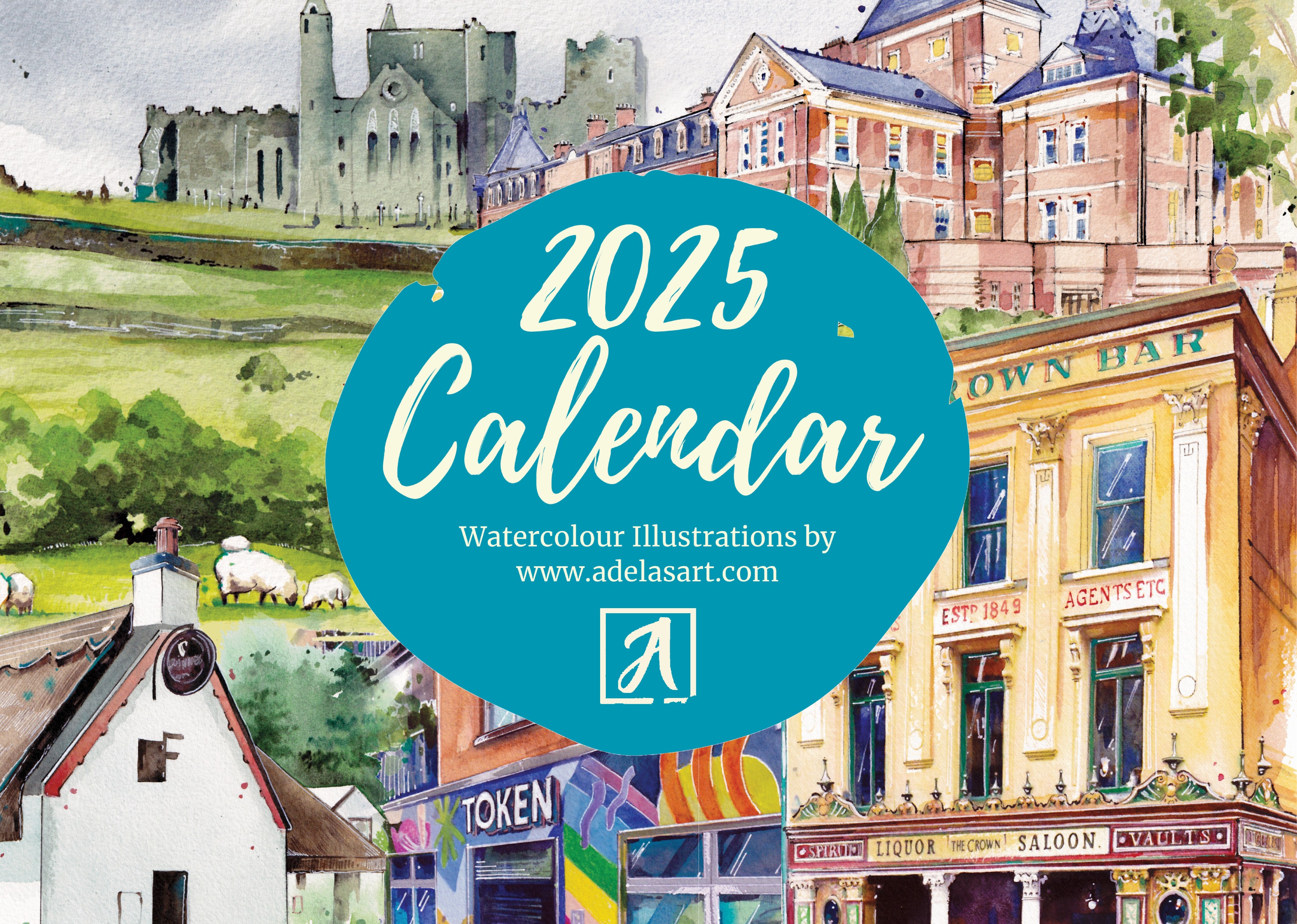 This monthly calendar includes 12 original watercolour paintings of well-known buildings of Dublin and Irish Landscapes