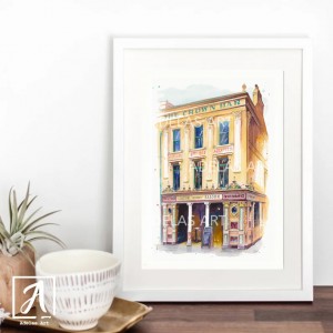 Original watercolour painting of The Crown Pub, Belfast’s iconic landmark