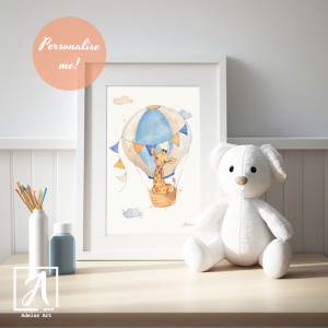 Painting of a baby giraffe in a hot air balloon