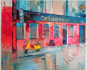 "Delaney's Pub under the rain" by Adelas Art - front view