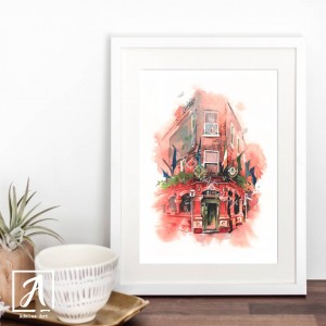 Front view of Irish pub illustration by Adelas Art