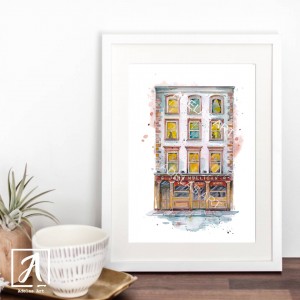 Front view of Mulligan's, watercolour illustration by Adelas Art