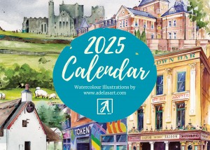 This monthly calendar includes 12 original watercolour paintings of well-known buildings of Dublin and Irish Landscapes