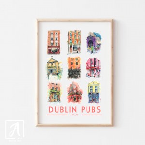 Dublin Pubs Art Print, watercolour illustration by Adelas Art, Dublin Ireland