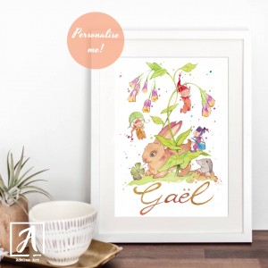 Art print of mischievous elves and Irish hare