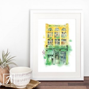 Front view of Irish bookshop illustration by Adelas Art