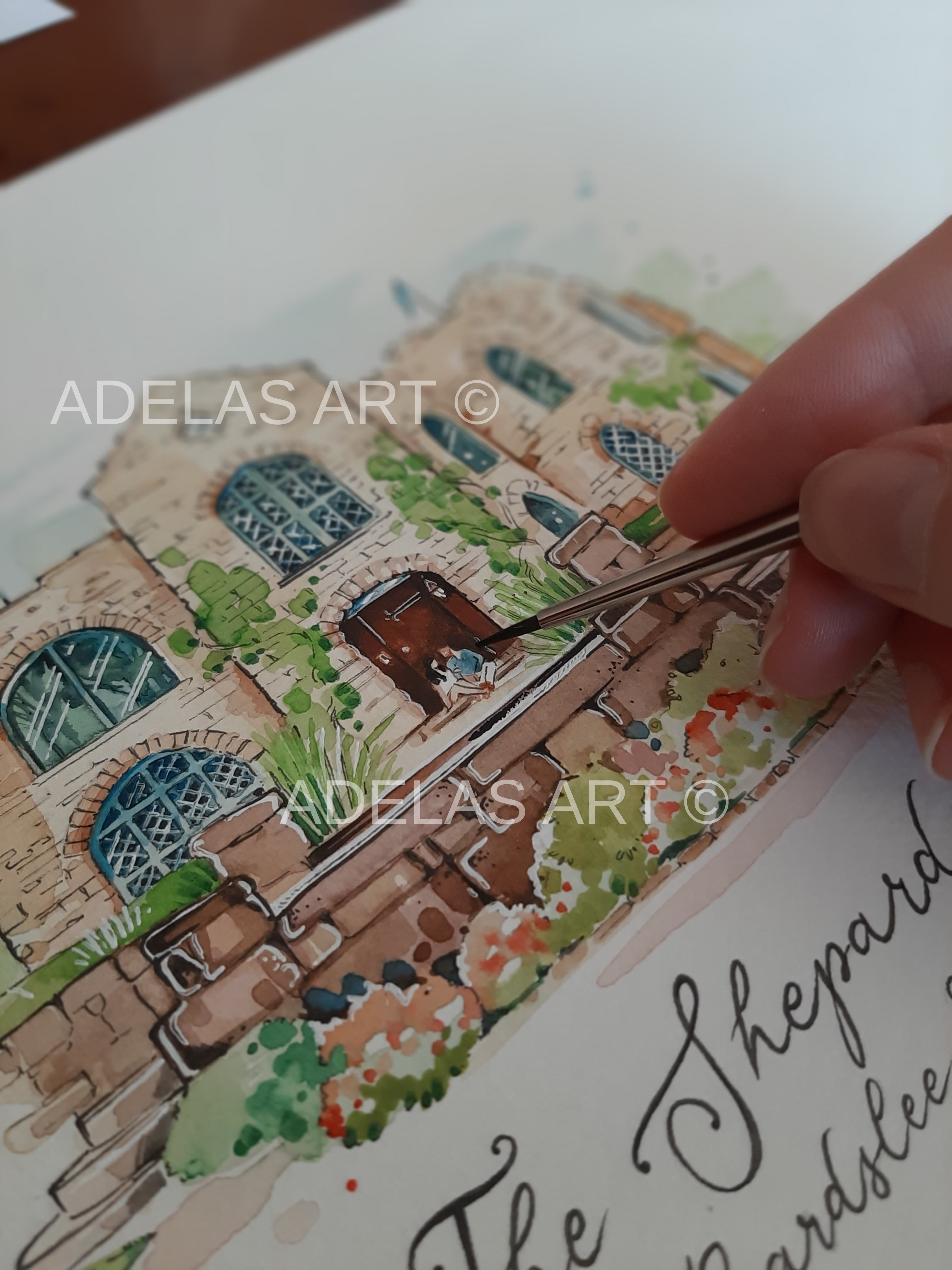 Hand painted watercolor wedding venue illustrations