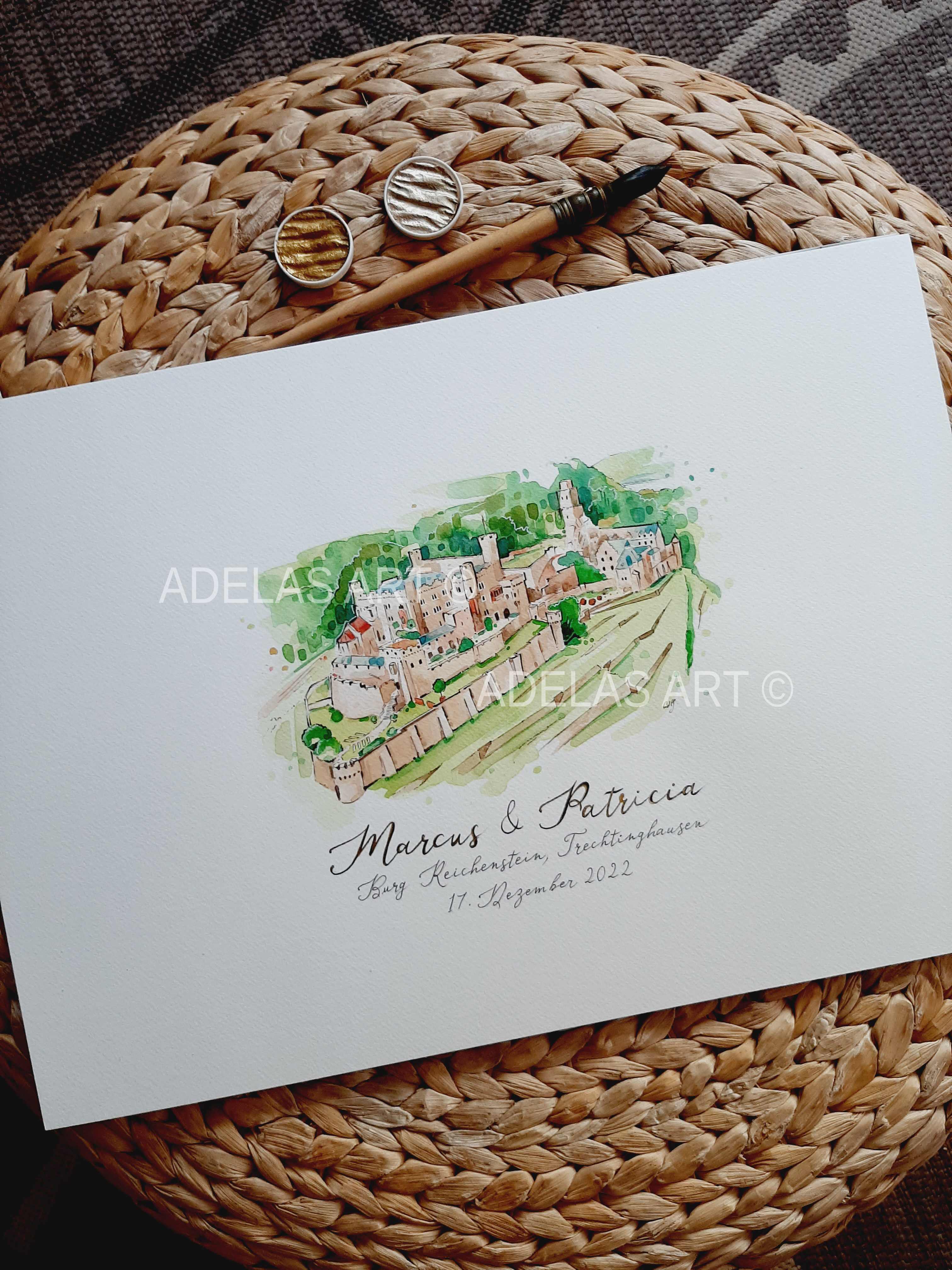 Examples of watercolour wedding venue illustration used as a welcome sign